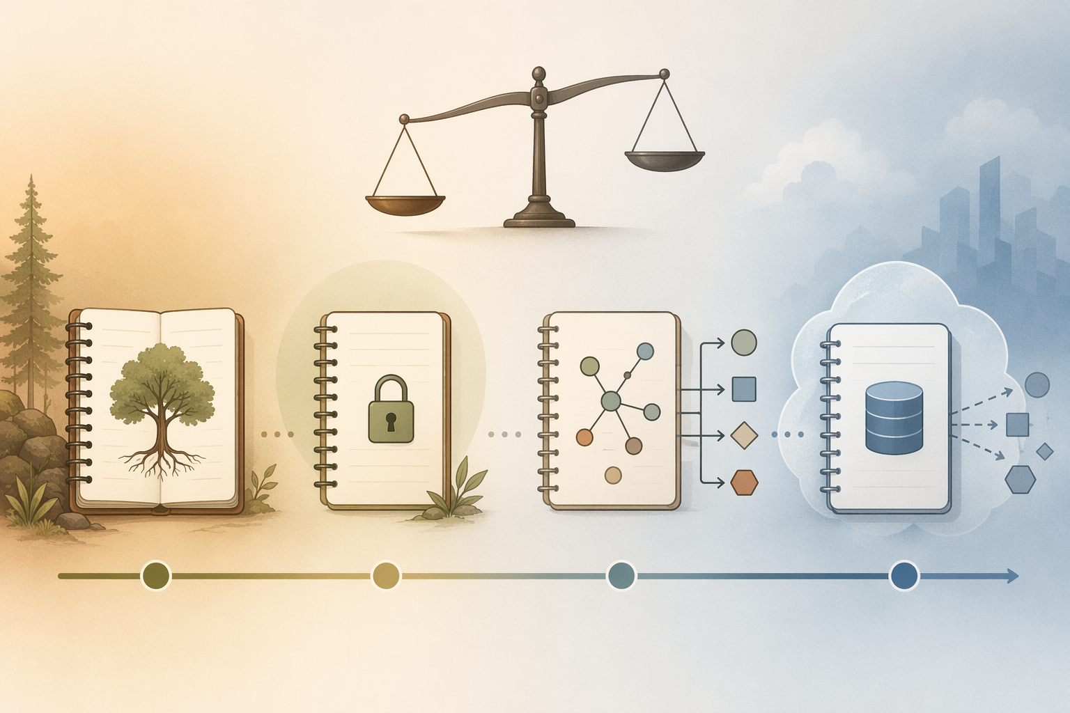 Data ownership spectrum from local plain-text control to encrypted local-first and cloud-proprietary systems