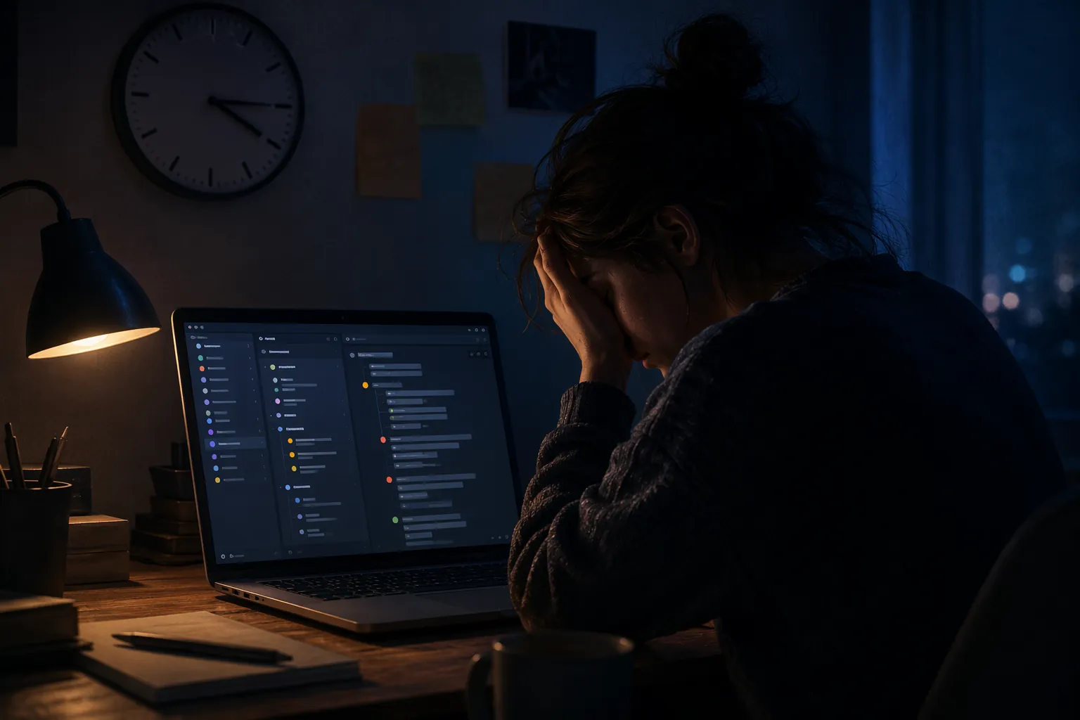 A tired person sits at a desk at 4:15 AM in front of a clean, well-organized note-taking system