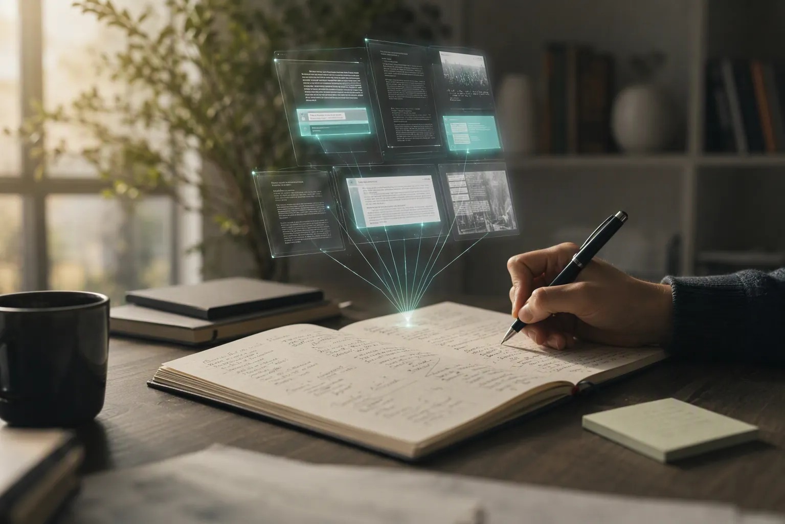 Person writing in a paper notebook while an AI panel surfaces connected document snippets