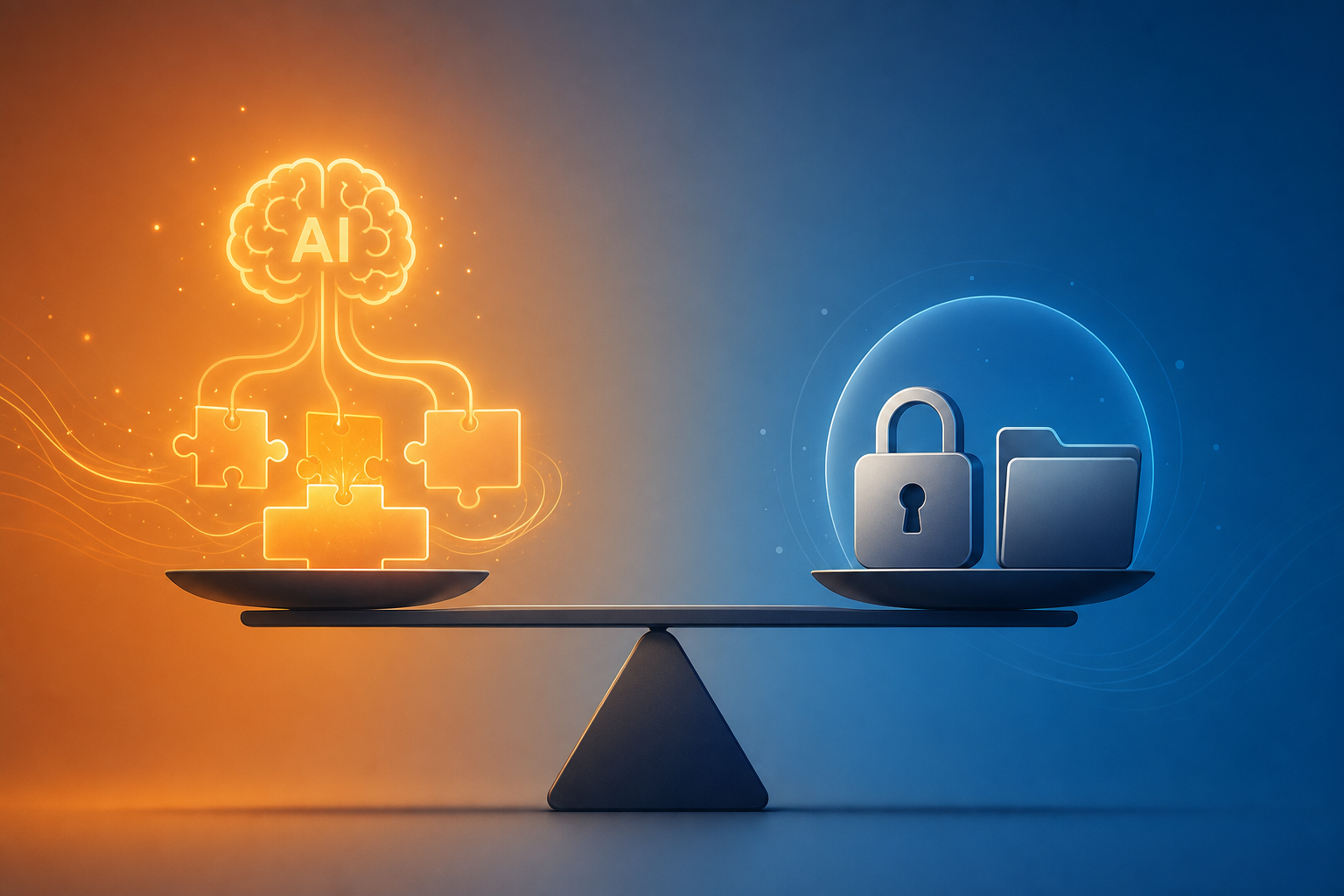 A seesaw balance scale illustration with a glowing AI brain and puzzle pieces on one side and a secure lock and local folder on the other, representing the tension between AI-native PKM convenience and data privacy control.