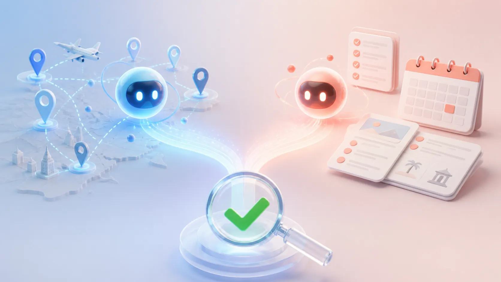 Two abstract AI planner concepts for live-data planning and structured planning merging into a magnifying glass over a verification checkmark