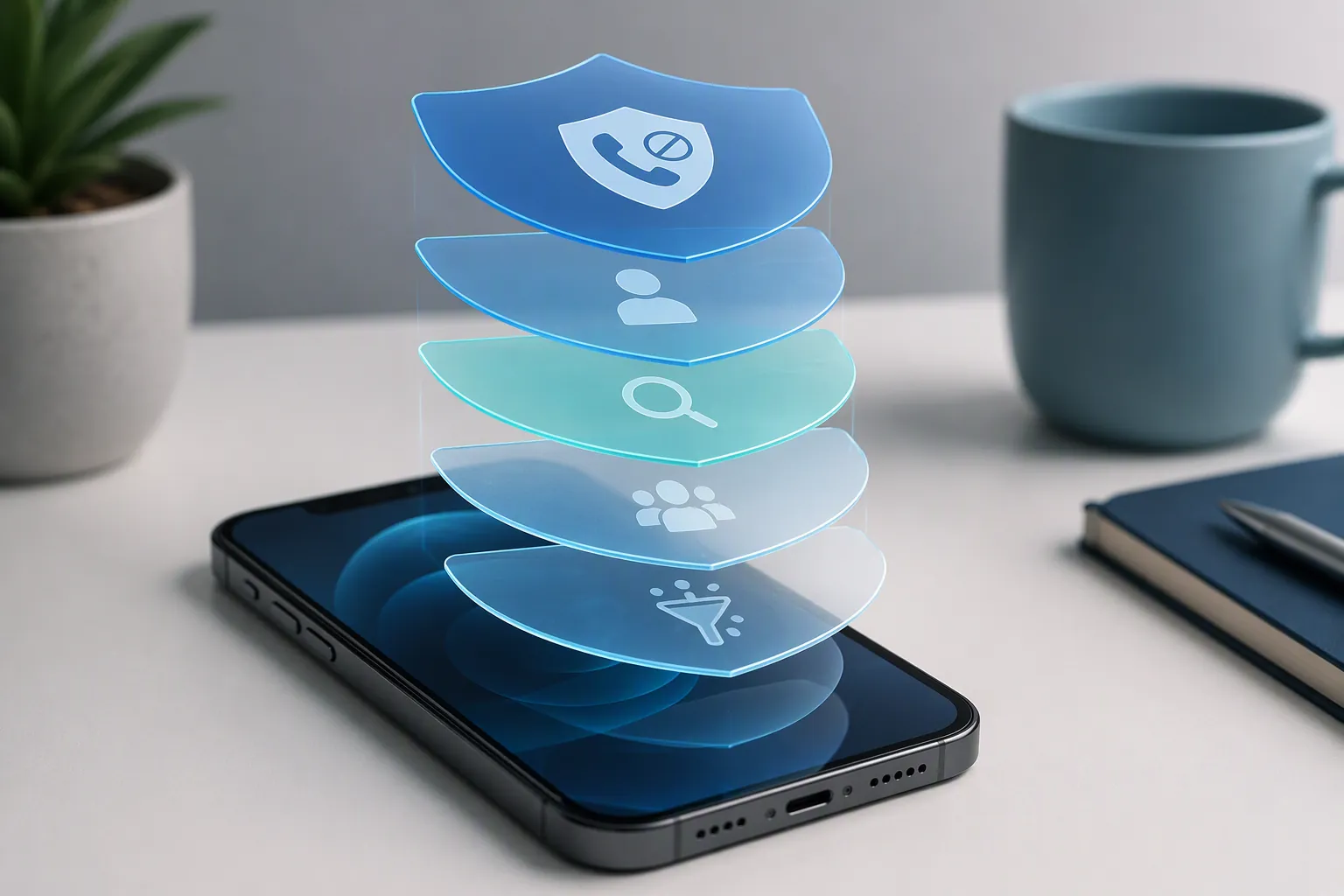 An iPhone on a clean desk with five translucent blue protective shield layers floating above the screen