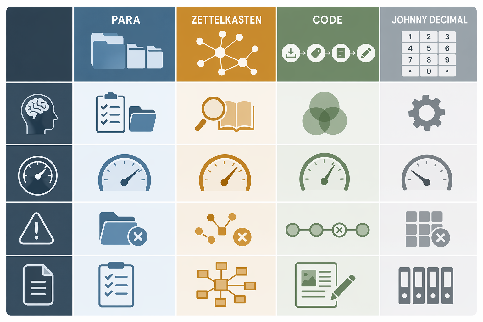 Decision matrix comparing PARA, Zettelkasten, CODE, and Johnny Decimal by cognitive profile, cost, failure mode, and output type