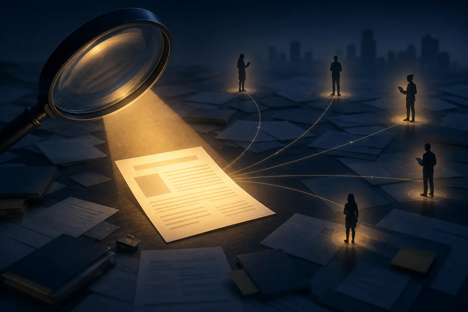 A magnifying glass illuminating one clear document among blurred papers for a remote team