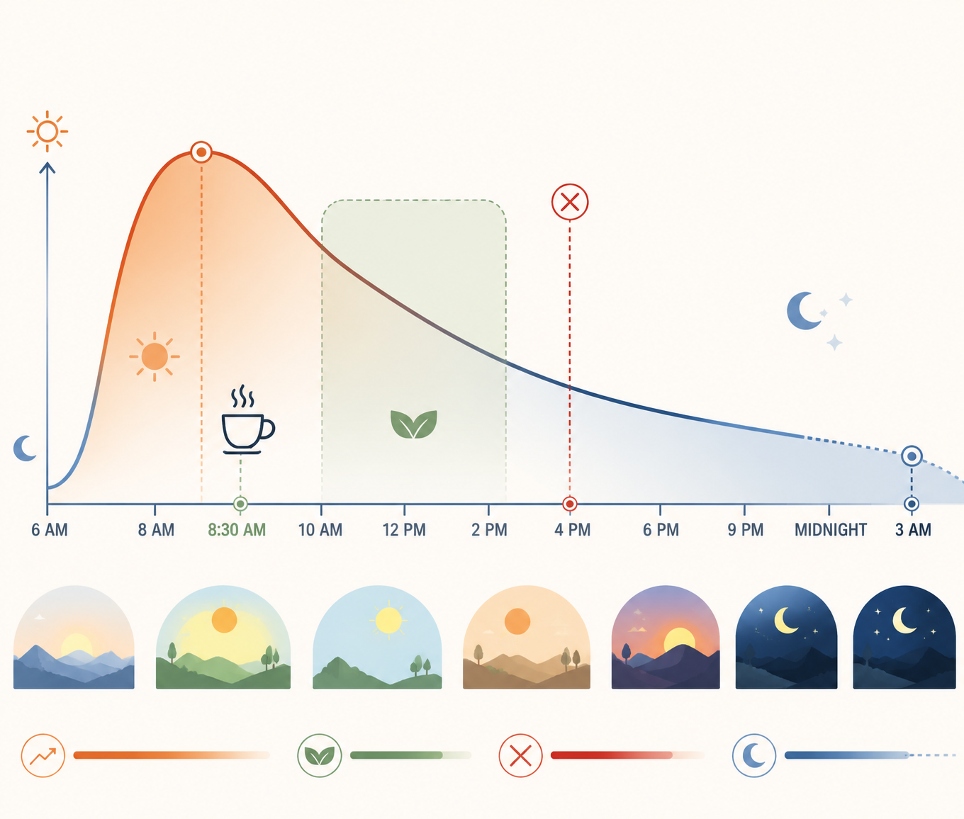 Daily timeline showing morning cortisol peak, optimal first coffee window, afternoon caffeine cutoff, and late-night caffeine residue