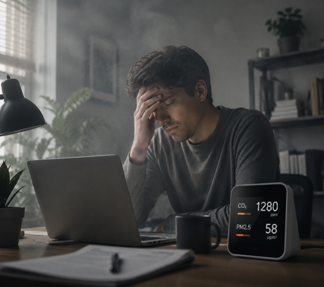 A tired knowledge worker at a home office desk with a small air quality monitor showing elevated readings