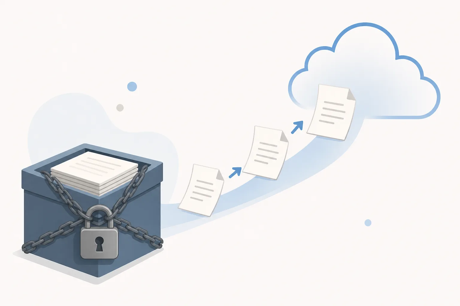 Illustration of note pages locked in a box with some pages flowing toward an open cloud