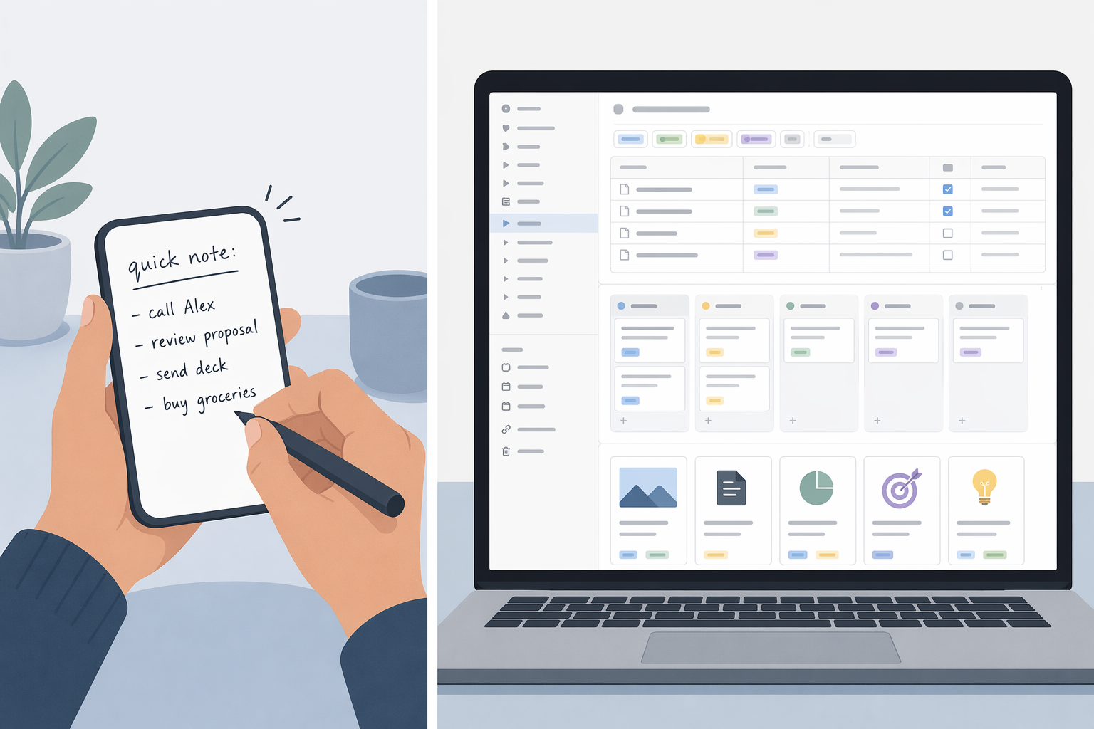 Split-screen illustration: a hand jotting a quick note on a notepad on the left, contrasted with a laptop displaying a structured Notion workspace with table, board, and gallery database views on the right.