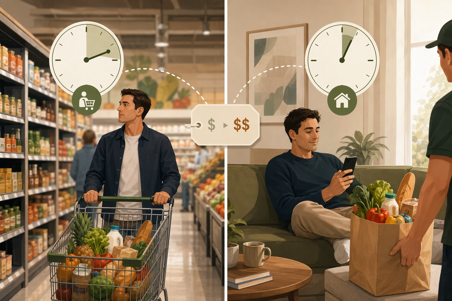 Split scene comparing a 1–2 hour grocery store trip with under 10 minutes of active online grocery ordering