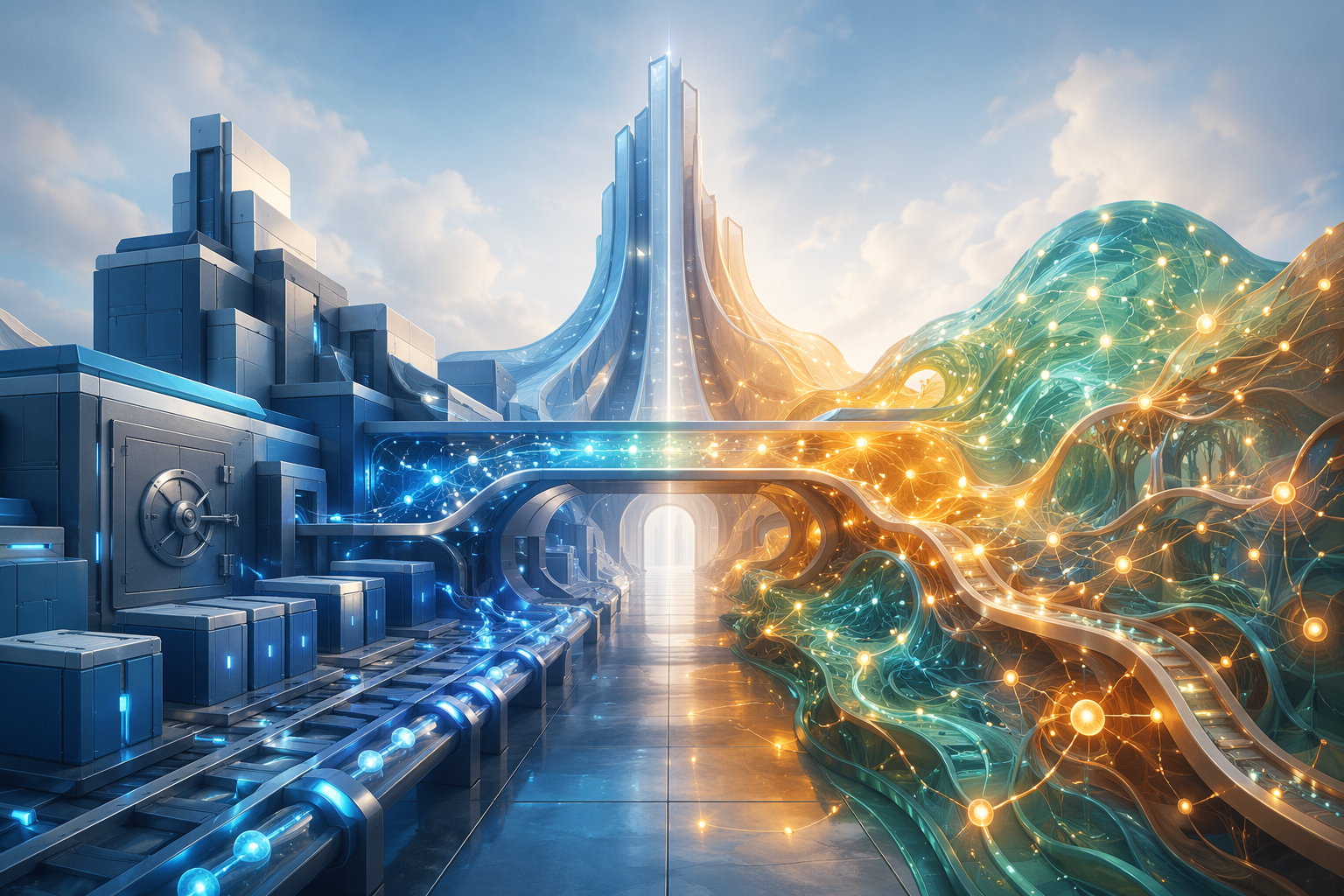 Traditional RPA governance and AI-native automation pathways connected by a hybrid architecture bridge
