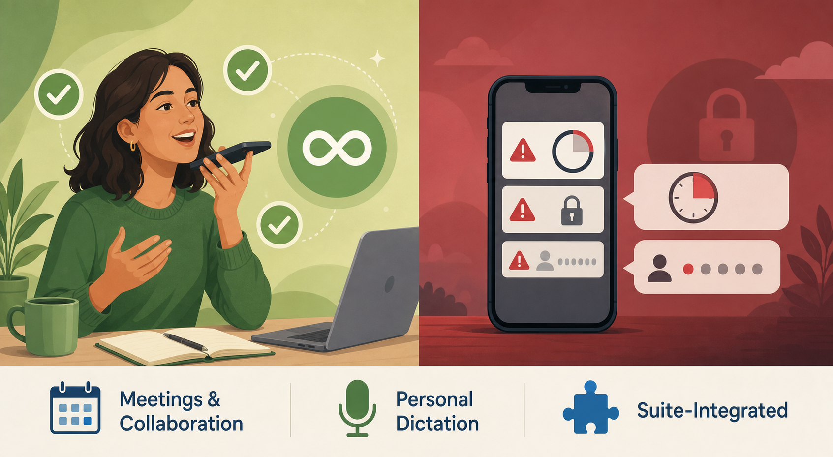 A split-screen editorial illustration contrasting generous free voice-to-note apps (left, green-toned) against deceptive free tier restrictions (right, red-toned).