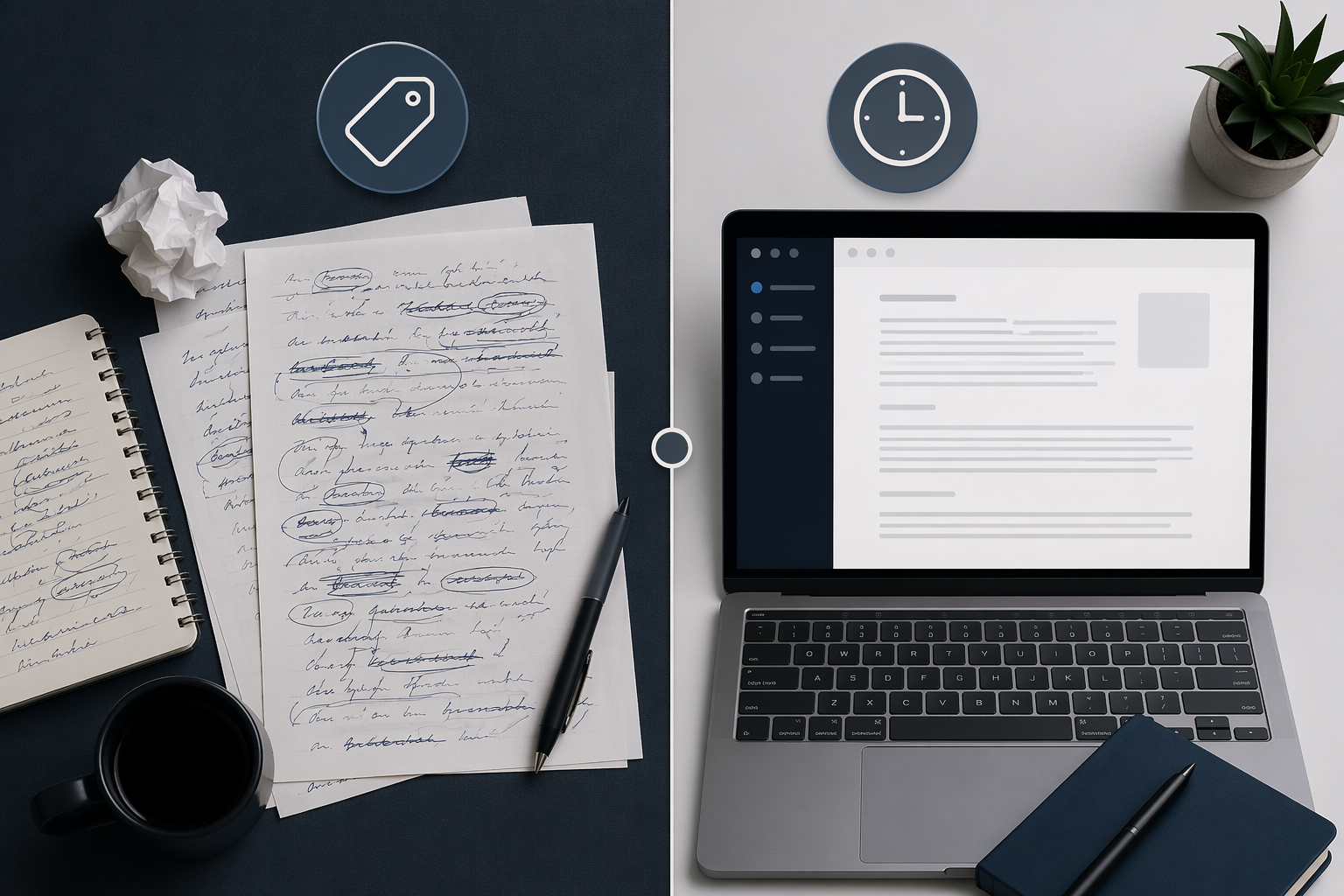 Handwritten notebook pages beside clean digital text, with price and clock icons showing the tradeoff between money and correction time