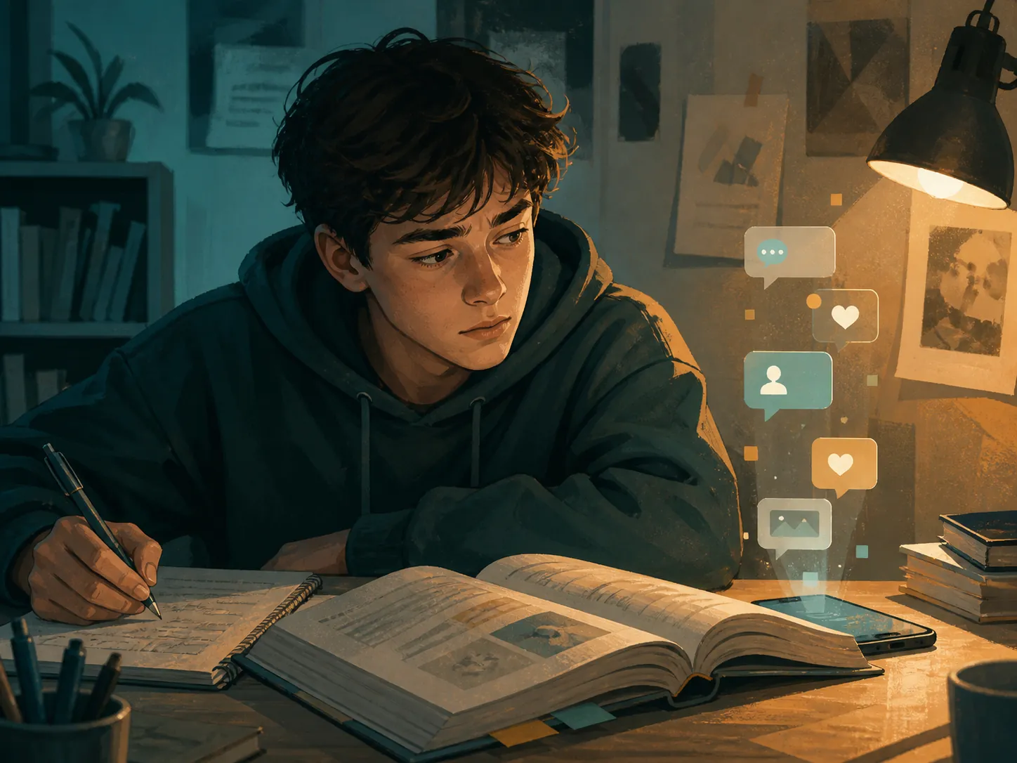 Teen at a homework desk looking between an open textbook and a smartphone with floating notification bubbles