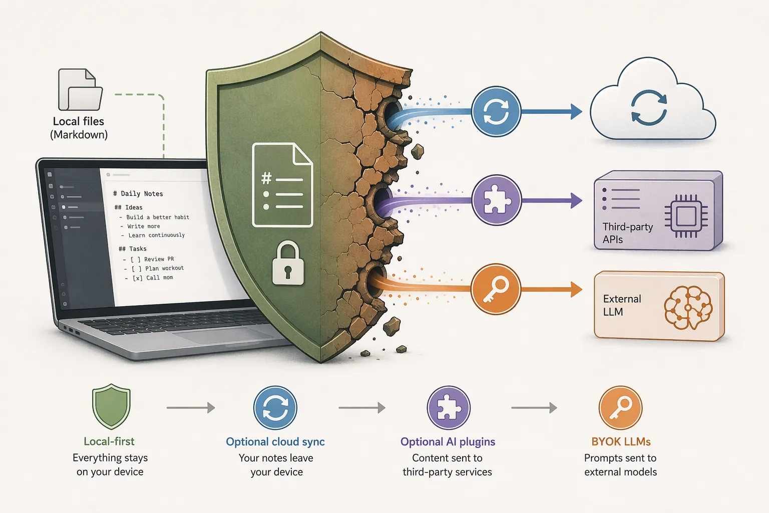 Local-first note setup with cloud sync, AI plugin, and external model connections cracking the privacy shield