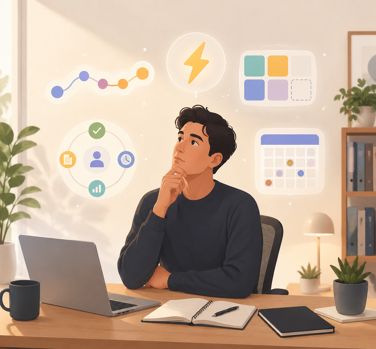 Knowledge worker comparing guided ritual, fast capture, custom dashboard, all-in-one planner, and calendar-first workflow options