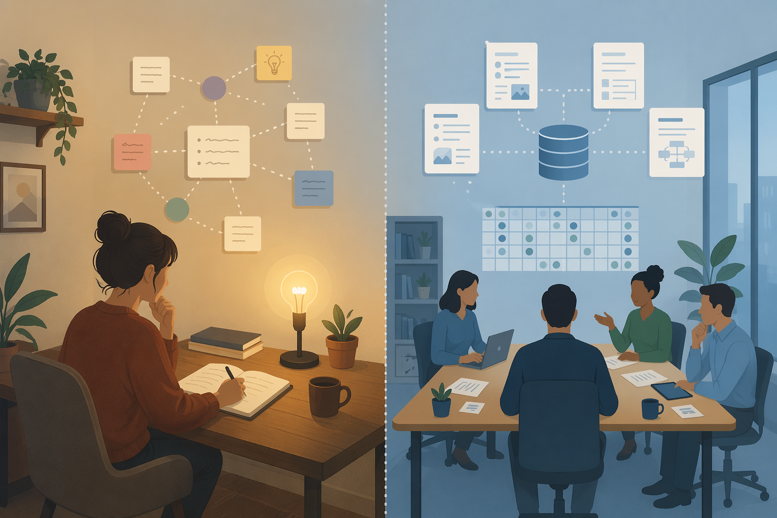 Personal knowledge workspace beside a shared team knowledge workspace