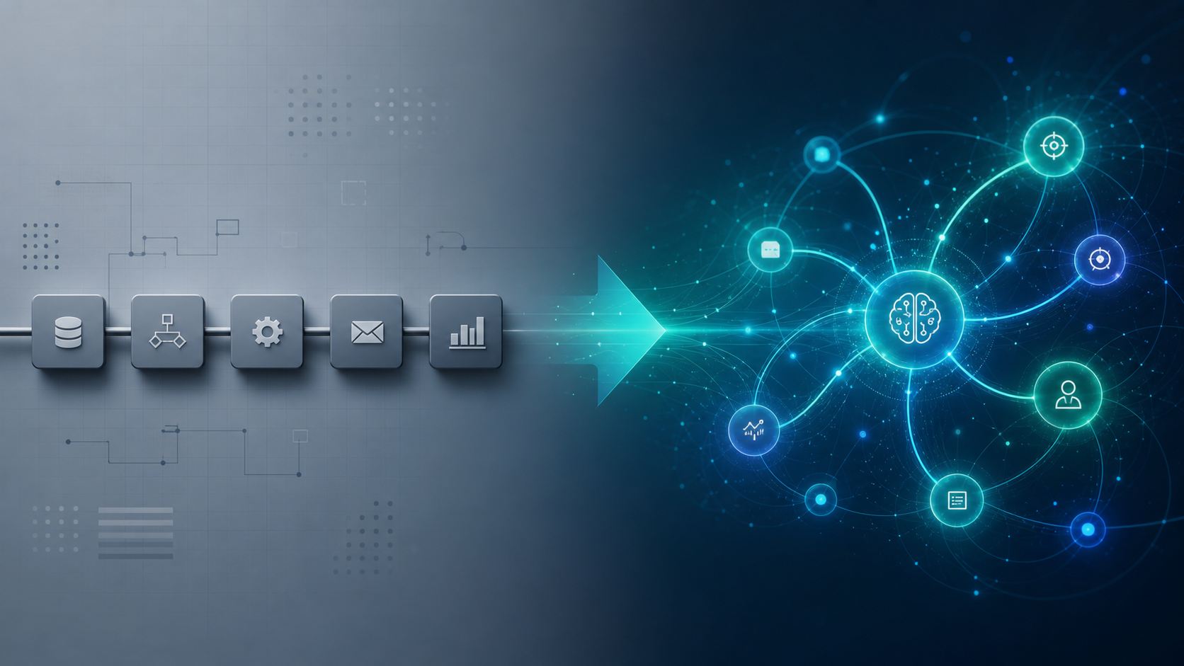 A horizontal split editorial illustration showing rigid linear chain-linked boxes on the left representing traditional task automation, and a dynamic constellation of glowing intelligent nodes on the right representing autonomous AI agents.