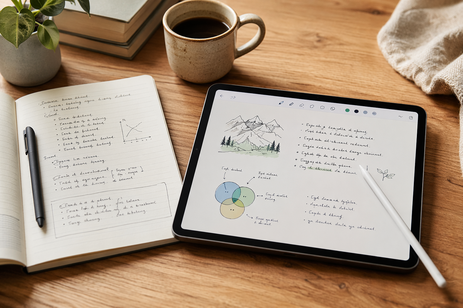 iPad with handwritten notes, stylus, spiral notebook, and coffee on a wooden desk