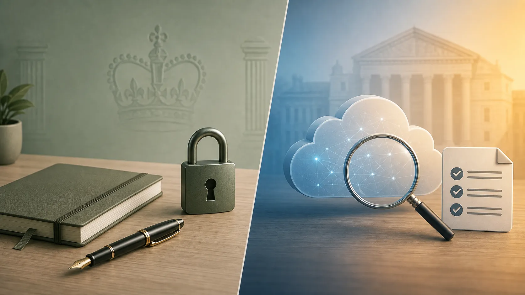 Split view of local-first notes and cloud AI compliance checks