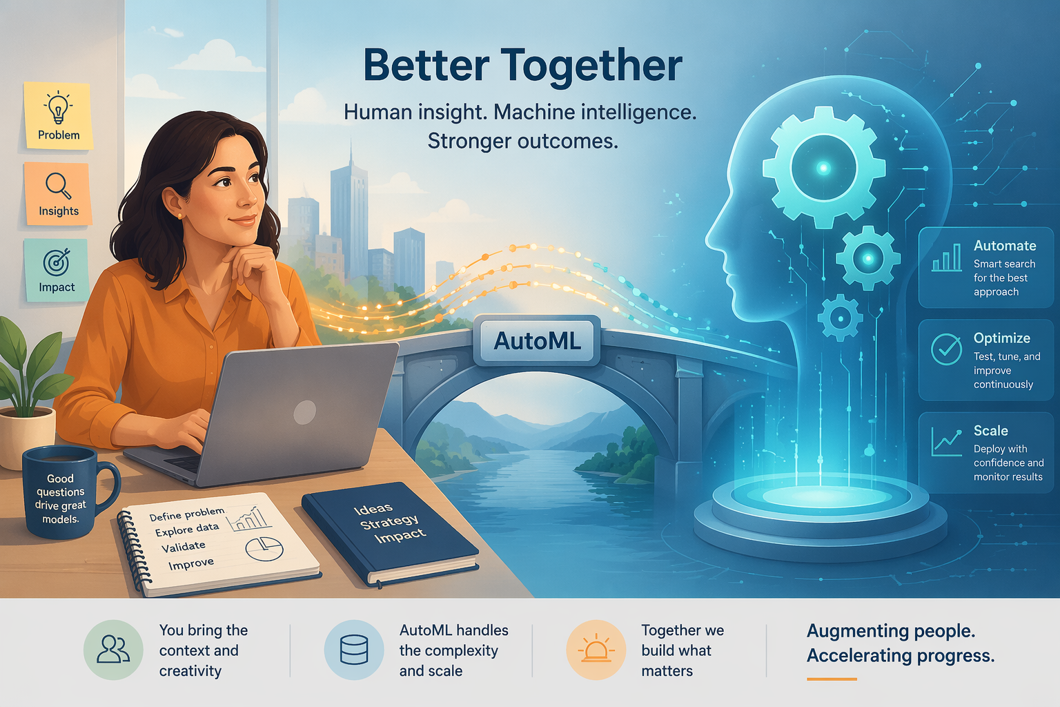 Split-composition illustration showing a knowledge worker on the left and a glowing AutoML bridge connecting to automated processes on the right.