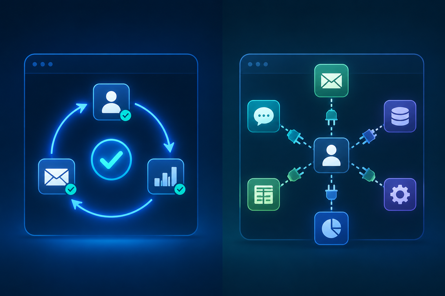 Split visual comparing native CRM automation with add-on-dependent CRM orchestration