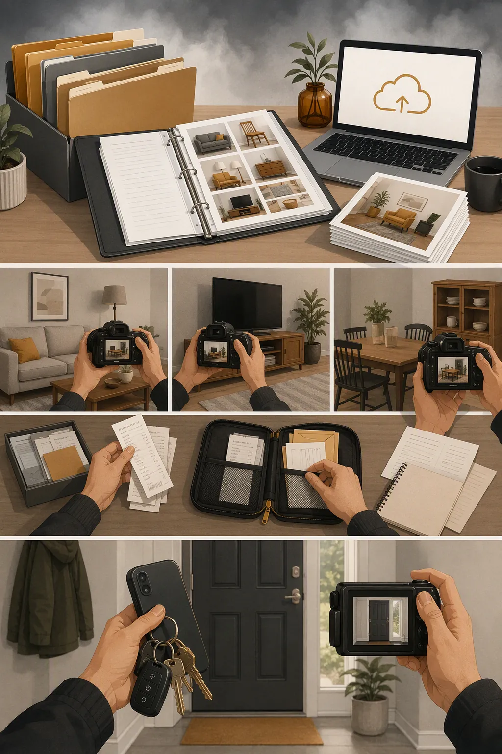 An illustration of three time tiers showing quick evacuation documentation, room-by-room photos, and complete inventory backups
