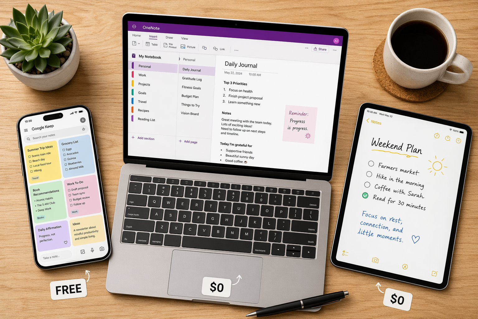 Flat lay of a desk with a smartphone showing Google Keep, a laptop with OneNote, and a tablet with Apple Notes, each with a FREE tag.