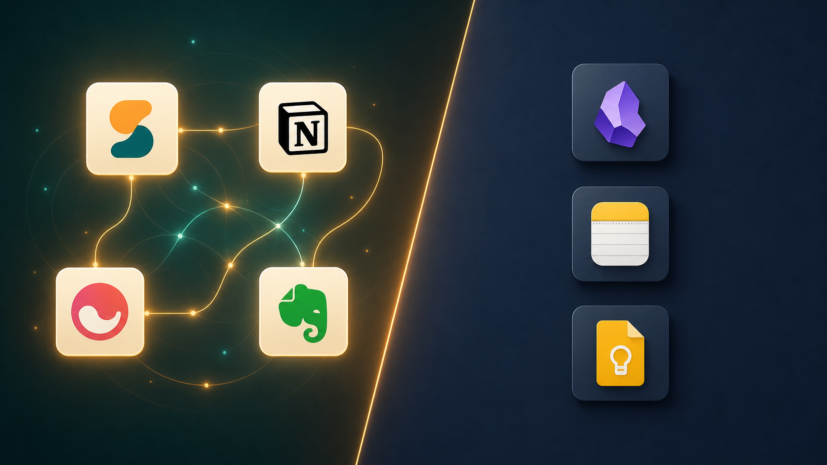 A visual divide illustration split between two groups of note-taking apps: left side shows Storyflow, Notion, Mem, and Evernote icons connected by glowing lines representing context-aware AI, while right side shows Obsidian, Apple Notes, and Google Keep as isolated cards representing inert notes, with warm amber and teal accents on the left and cool slate tones on the right