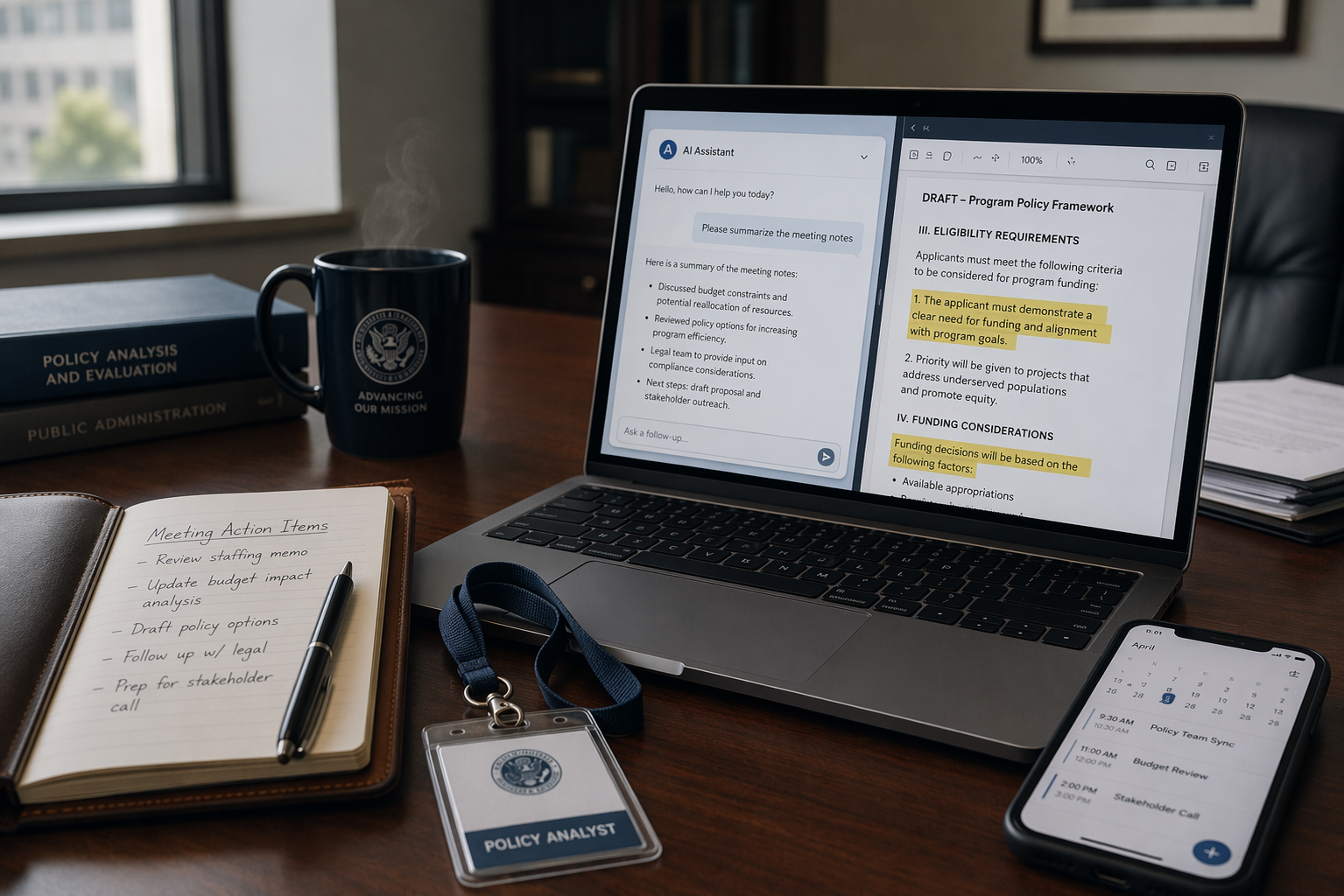 Government desk with handwritten meeting action items and an AI assistant displayed on a laptop