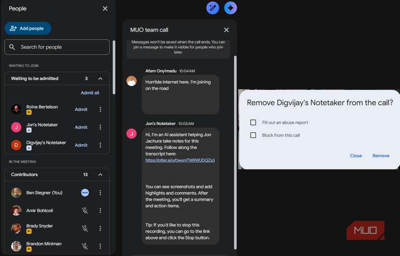 Google Meet participant panel showing AI notetaker bots as visible named participants
