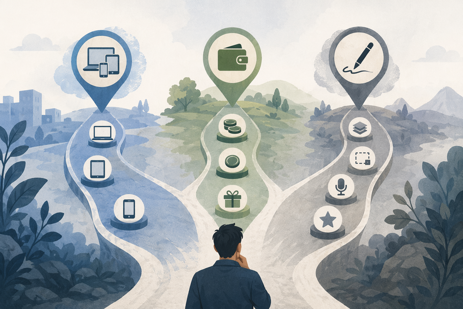 Three diverging paths representing device ecosystem, pricing model, and must-have features for handwritten notes apps
