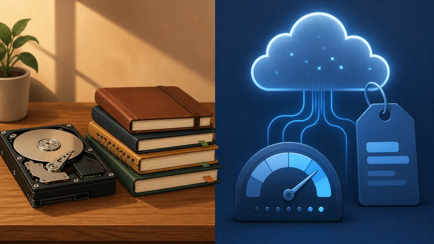 Split illustration of a local archive on a desk opposite a metered cloud service with a price tag