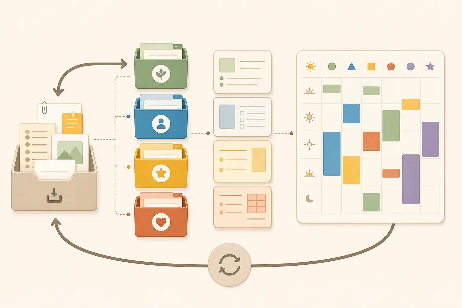 A productivity workflow connecting an inbox to four organized containers, reusable templates, a timeblocked calendar, and a review loop