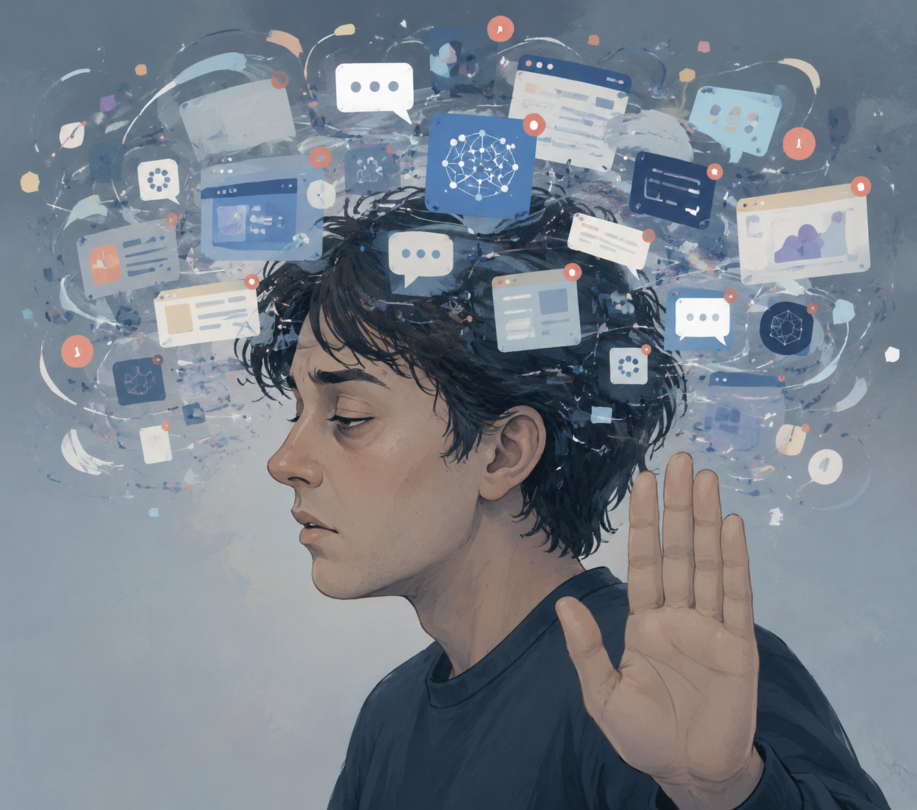 A fatigued person surrounded by floating AI interface icons and notifications