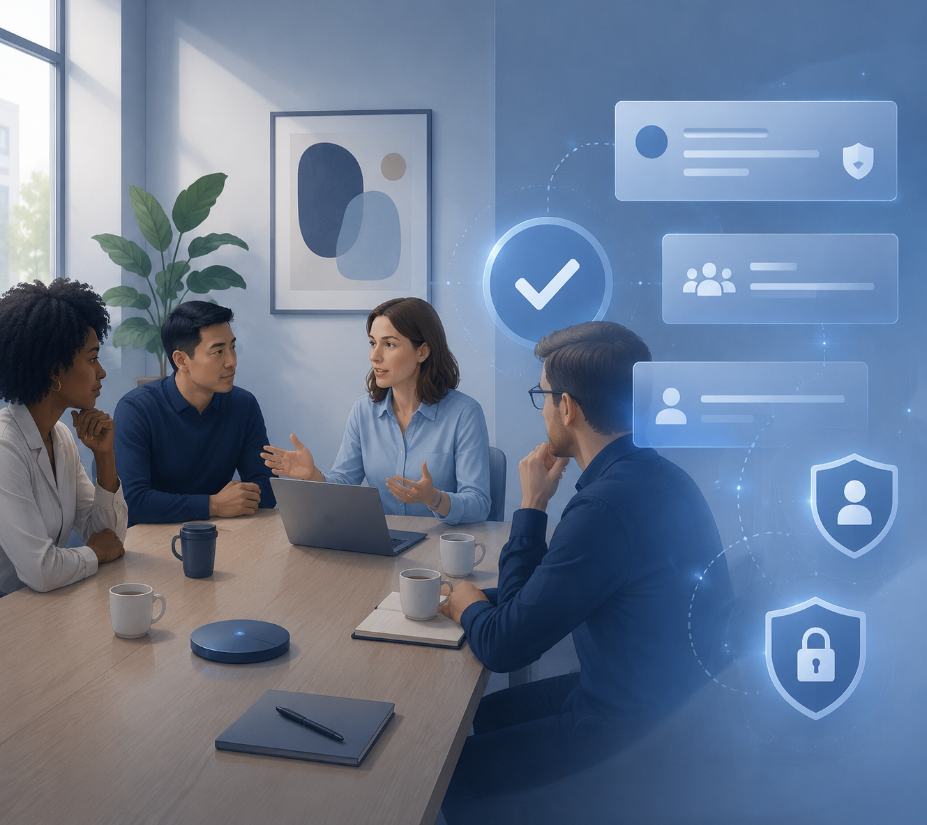 Meeting table with floating consent notifications and compliance shields