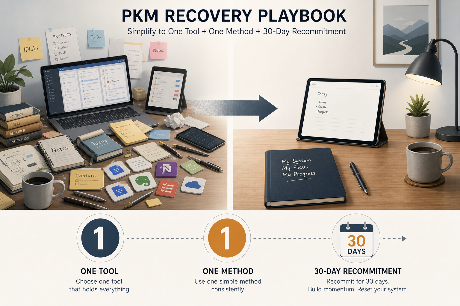 An editorial illustration showing a transition from a cluttered desk with scattered tools to a simple focused workspace with one notebook, one pen, and one clean device.