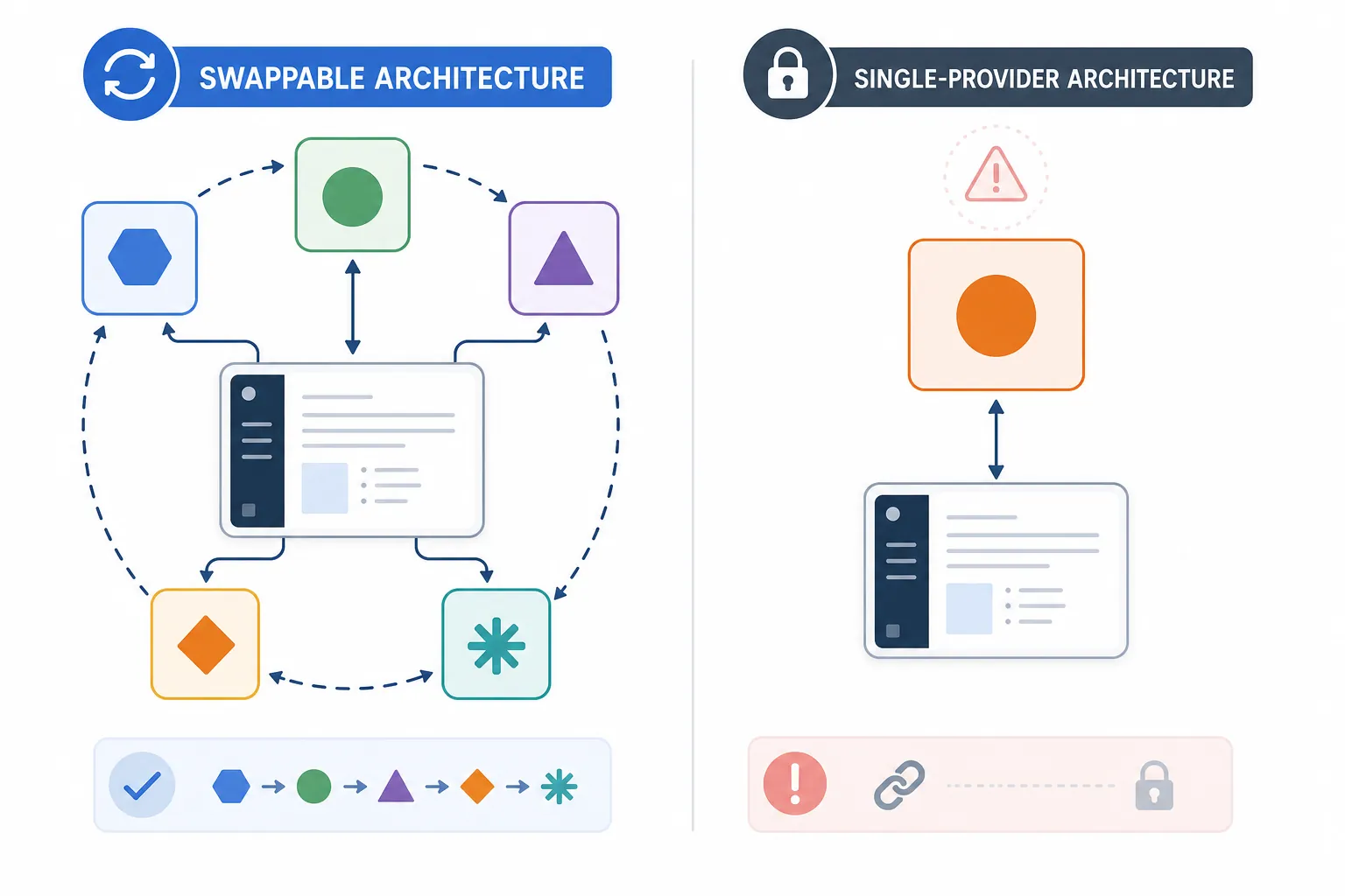 Diagram comparing a swappable multi-model backend with a single-provider dependency