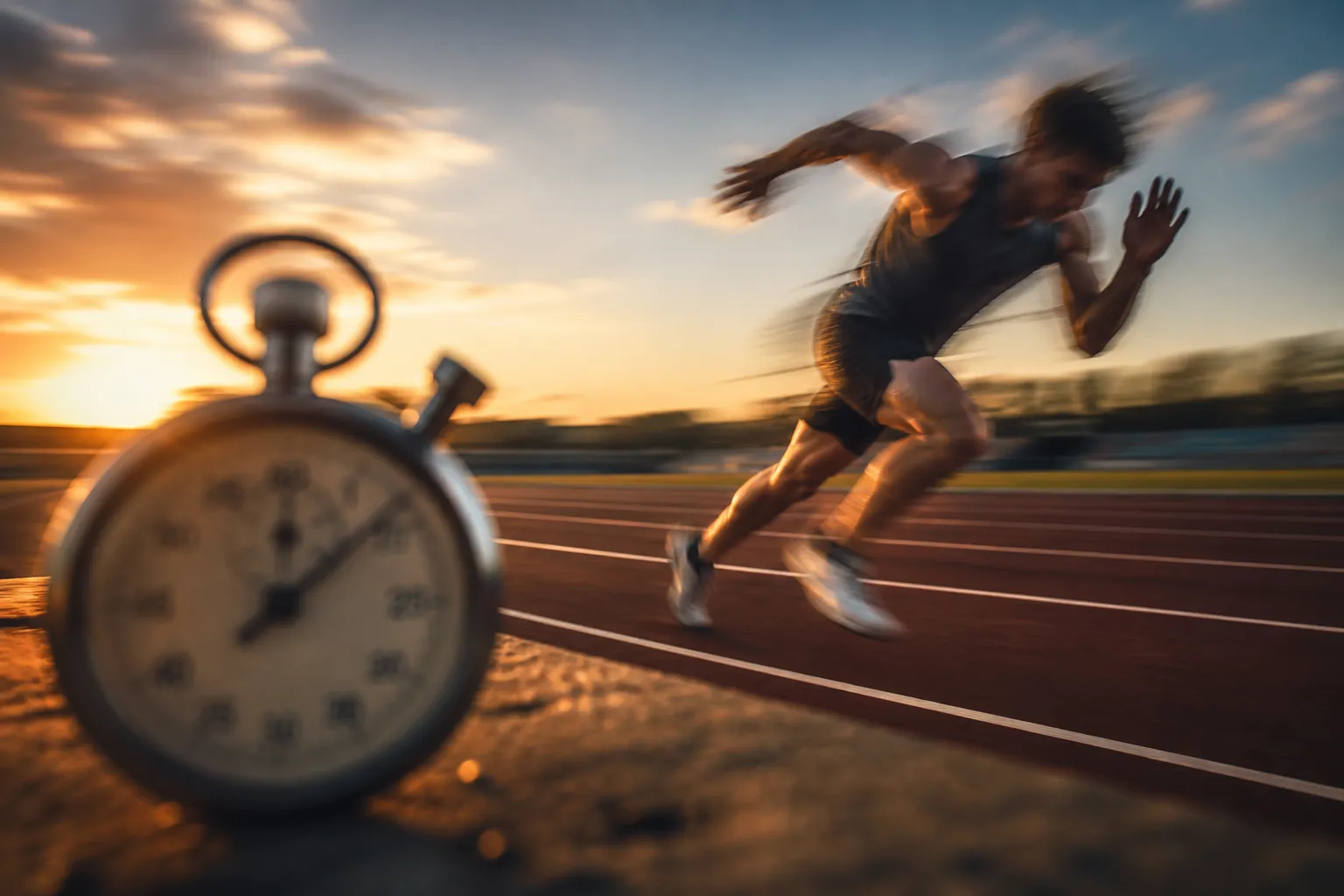 A runner sprinting on an empty track with a blurred stopwatch in the foreground