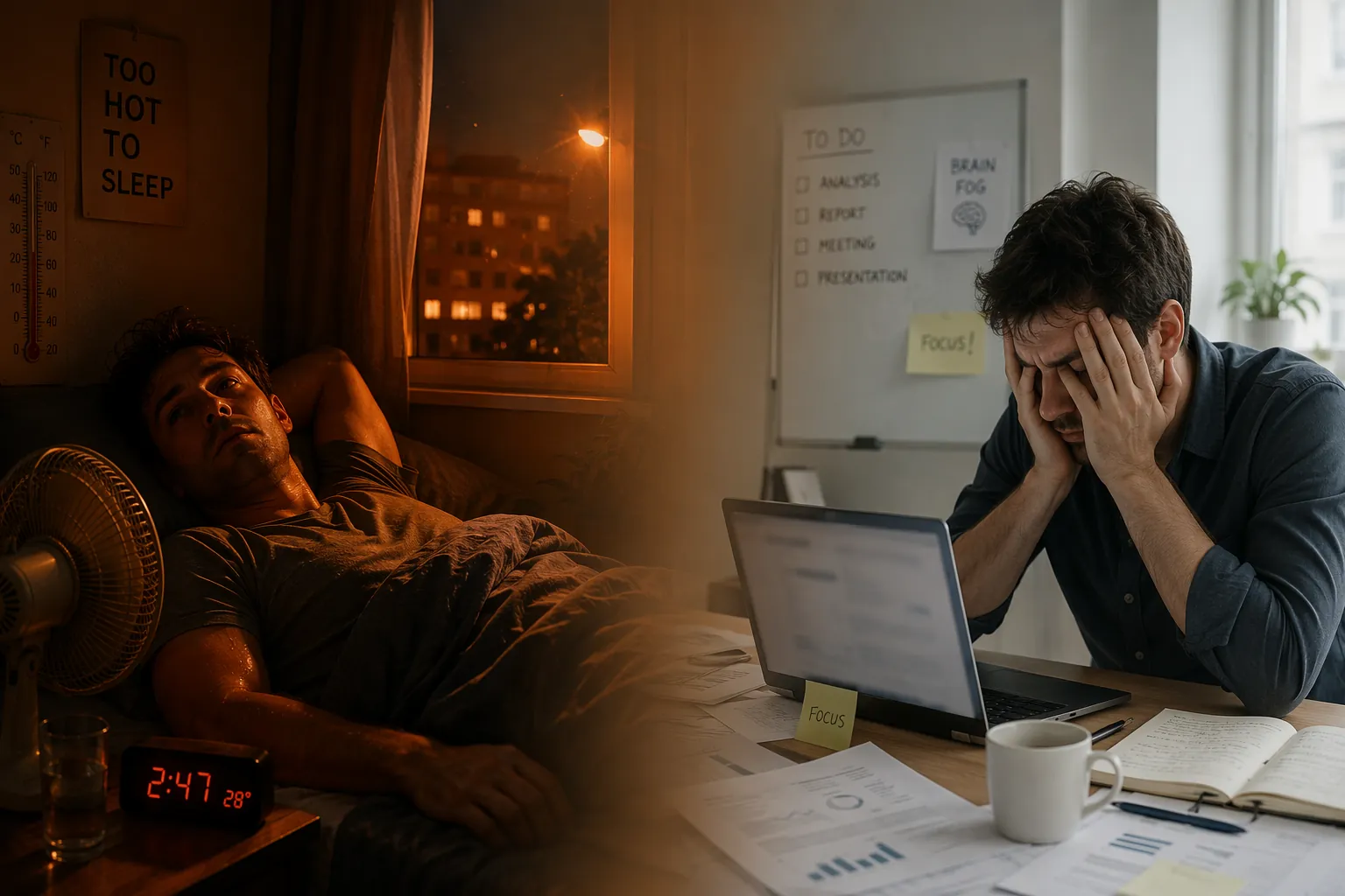 A hot sleepless bedroom at night contrasted with a tired home office worker the next day