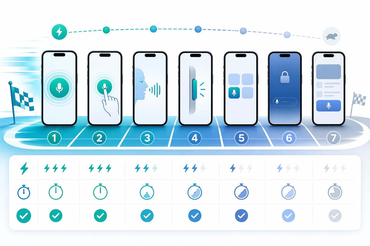 Seven smartphone icons arranged in a horizontal speed ladder, each showing a different capture method with lightning bolts and timer icons indicating relative capture speed.