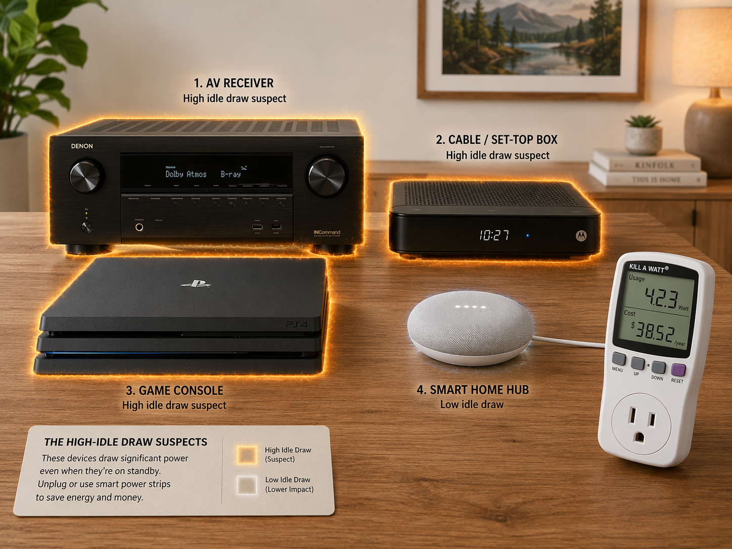 Flat-lay of an AV receiver, cable box, game console, smart home hub, and plug-in electricity monitor with heat-map highlights on high-idle devices