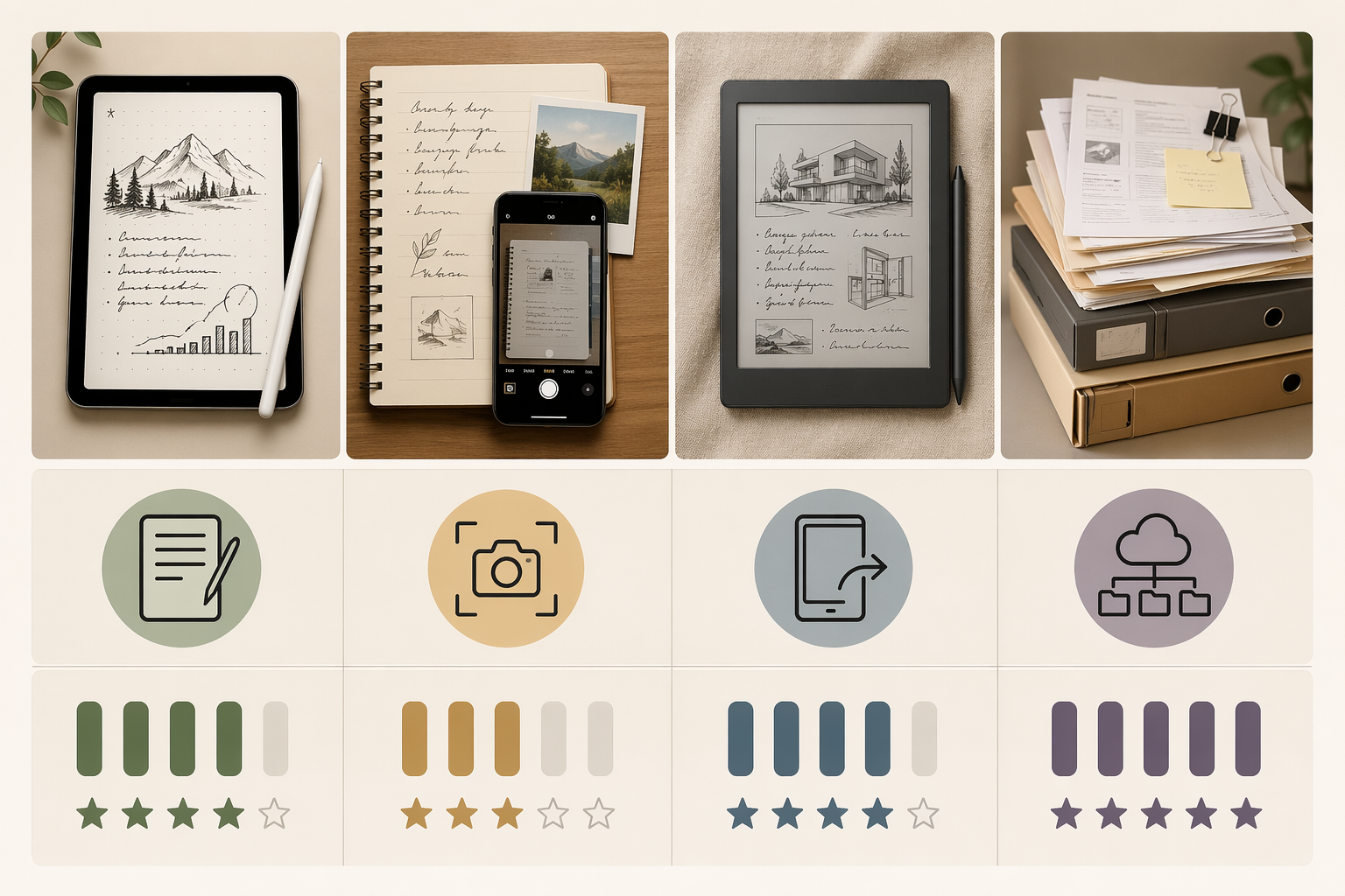 Decision matrix comparing stylus ink, paper pages, e-ink exports, and bulk archives