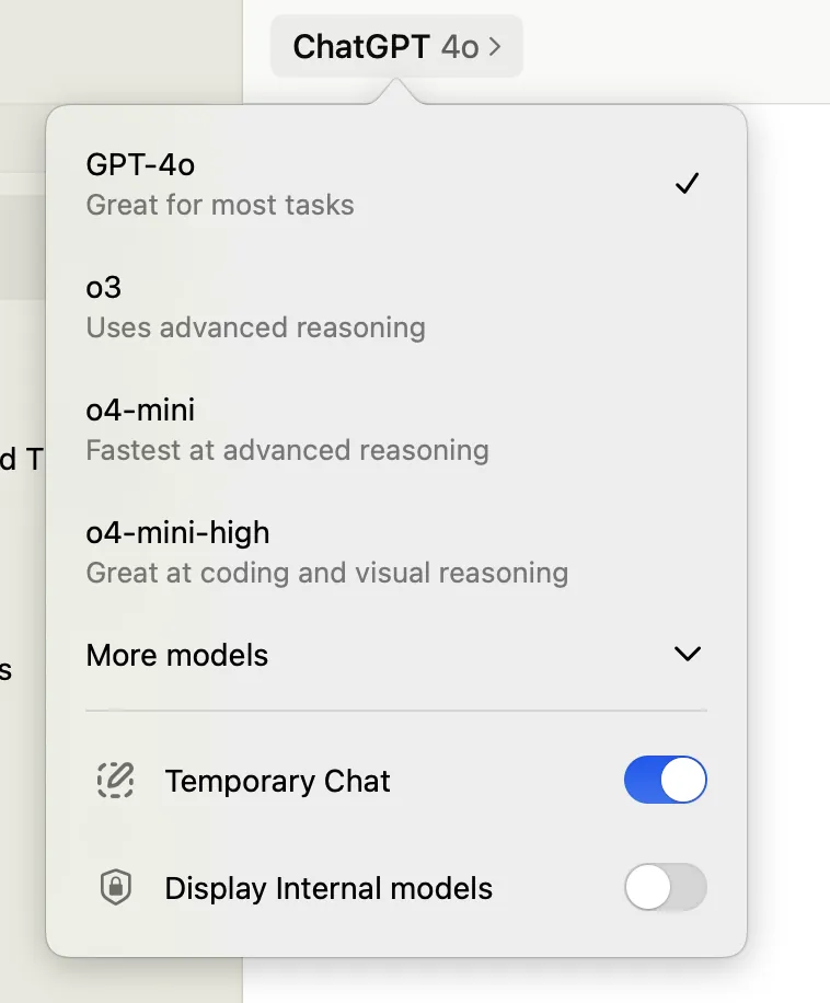 ChatGPT macOS app with Temporary Chat toggle switched on