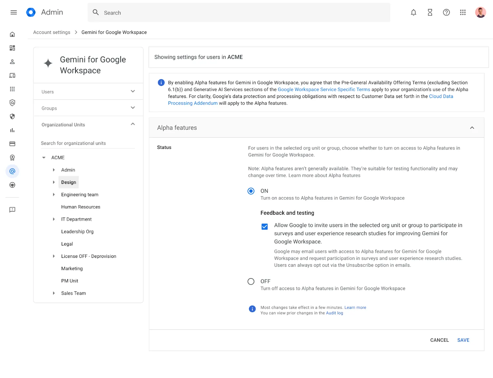 Google Workspace Admin console controls for managing Gemini access in individual Workspace services