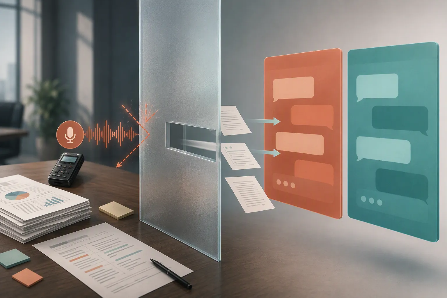 Meeting aftermath desk with a voice recorder, documents, transcript page, and sticky notes facing an intake barrier where text and documents pass through but an audio waveform is blocked