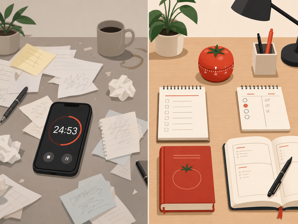 A flat vector side-by-side comparison: left side shows a disorganized desk with just a phone timer and scattered papers, right side shows a structured desk with a tomato timer, notepad, planning list, and a book.