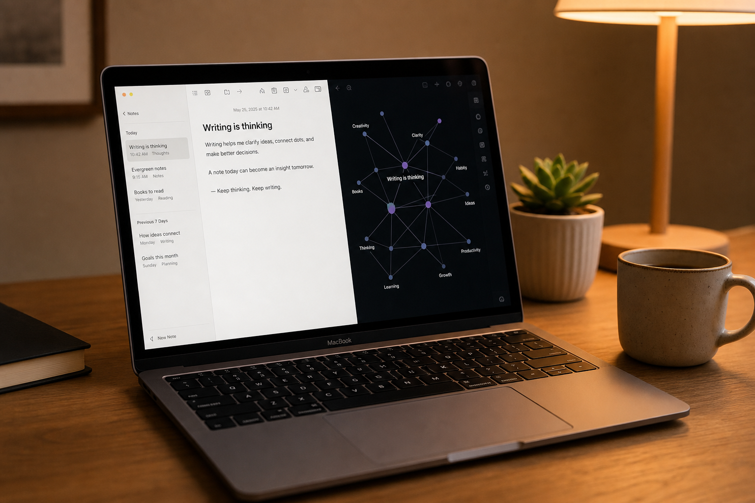 A warm-toned photograph of a MacBook on a wooden desk showing a split-screen with a minimal note-taking interface on the left and a connected graph/network view on the right, with a ceramic coffee cup and small succulent plant beside it under amber ambient lighting.