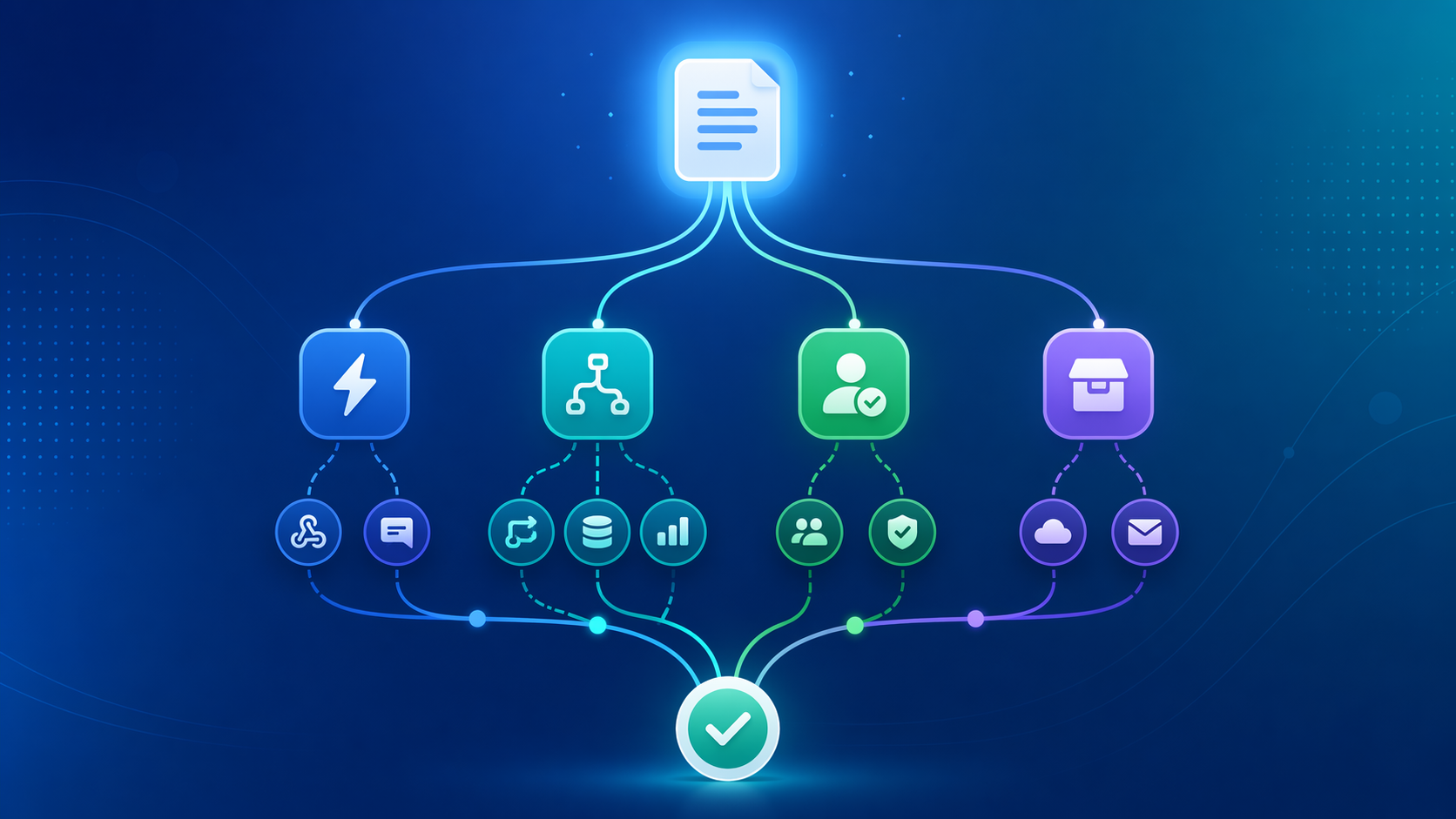 A flat vector illustration showing a glowing document icon at top center with branching workflow paths in blue, teal, and green diverging into route nodes and converging at a best-pick badge at the bottom, with abstract tool icons placed along the paths.