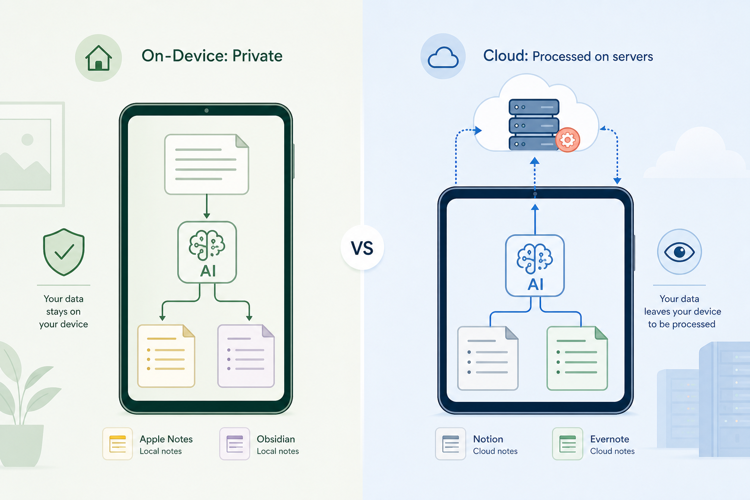 Two-column editorial visual comparing on-device AI vs cloud AI privacy. Left side shows a device with a shield icon and data flows contained within the device; right side shows data flowing upward to cloud server icons with an eye icon.
