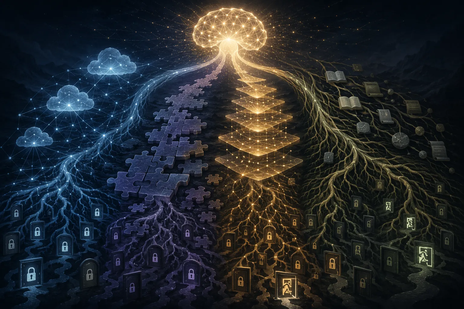 A glowing neural network splitting into cloud, local plugin, auto-organization, and source-rooted paths ending in locks and exit signs